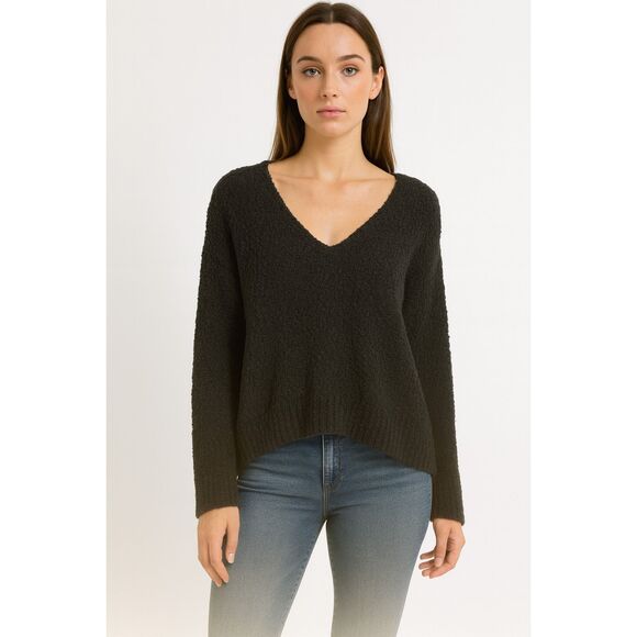 Free People Solid Black Over Sized V Neck Pullover Chunky Cotton Sweater size M - Picture 1 of 14